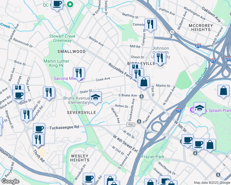 map of restaurants, bars, coffee shops, grocery stores, and more near 1711 Sumter Avenue in Charlotte