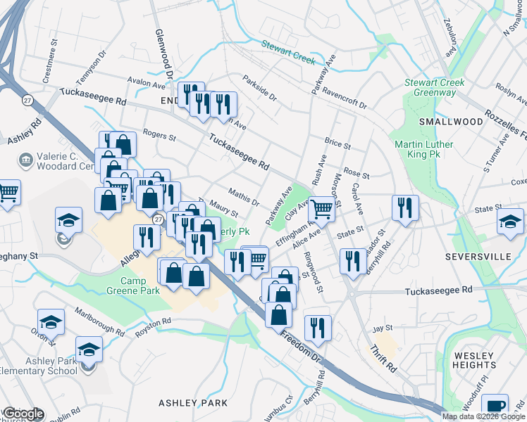map of restaurants, bars, coffee shops, grocery stores, and more near 1238 Parkway Avenue in Charlotte