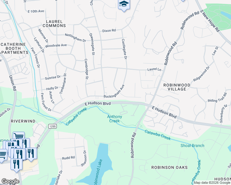 map of restaurants, bars, coffee shops, grocery stores, and more near 1604 Buckingham Avenue in Gastonia