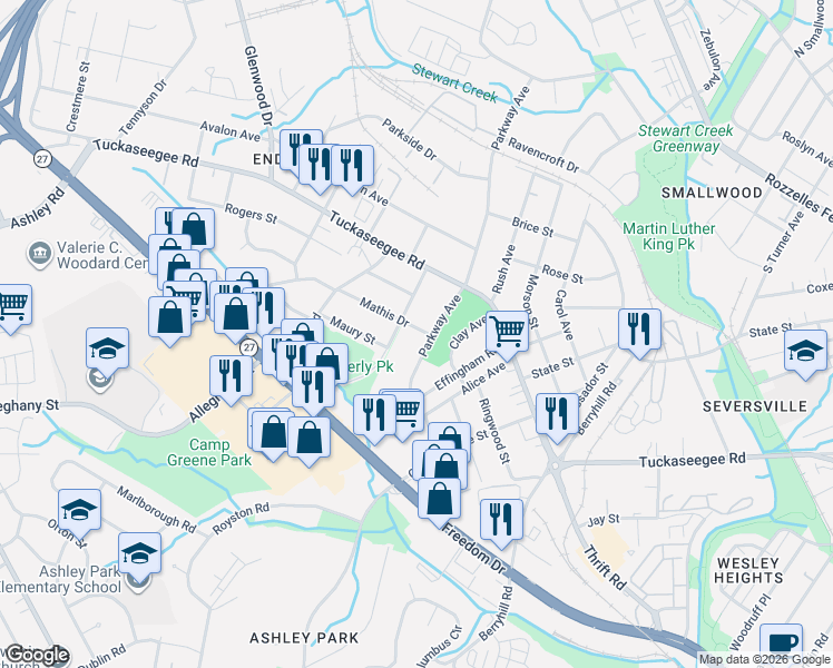 map of restaurants, bars, coffee shops, grocery stores, and more near 1238 Parkway Avenue in Charlotte