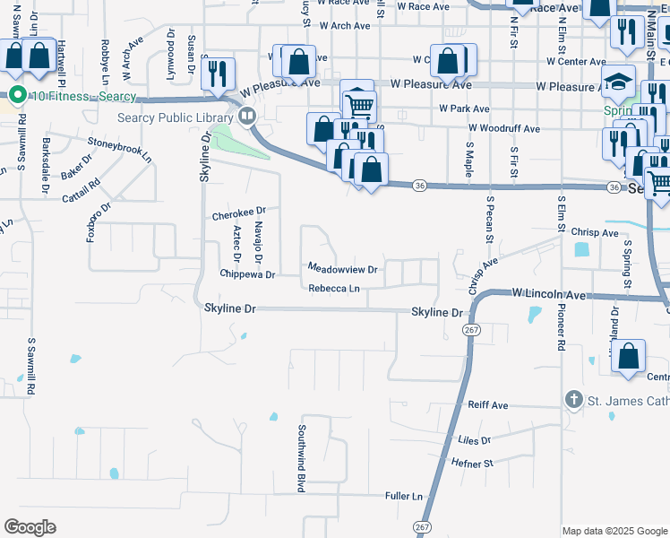 map of restaurants, bars, coffee shops, grocery stores, and more near 20 Meadowview Drive in Searcy