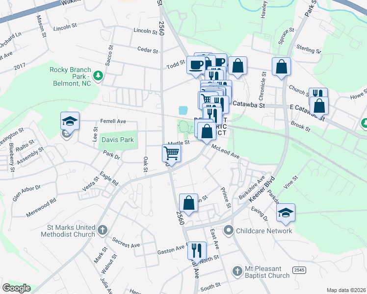 map of restaurants, bars, coffee shops, grocery stores, and more near 30 Myrtle Street in Belmont
