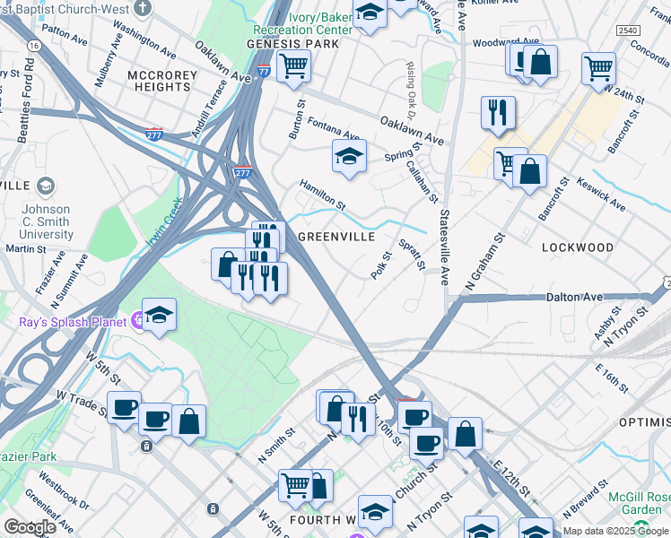 map of restaurants, bars, coffee shops, grocery stores, and more near 1209 Polk Street in Charlotte
