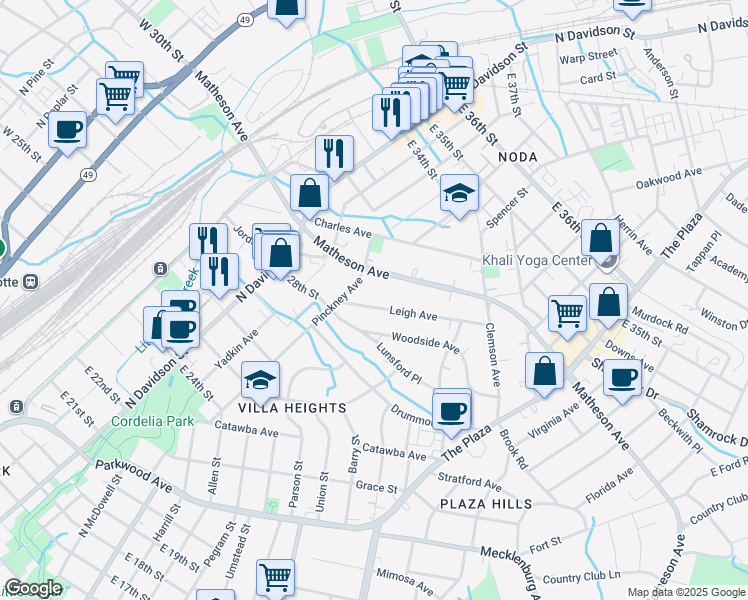 map of restaurants, bars, coffee shops, grocery stores, and more near 915 Leigh Avenue in Charlotte