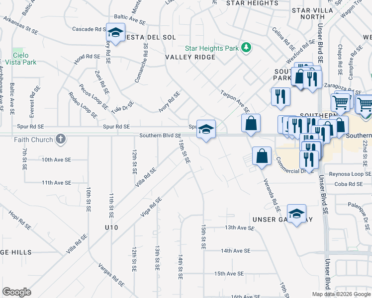 map of restaurants, bars, coffee shops, grocery stores, and more near 1080 15th Street Southeast in Rio Rancho