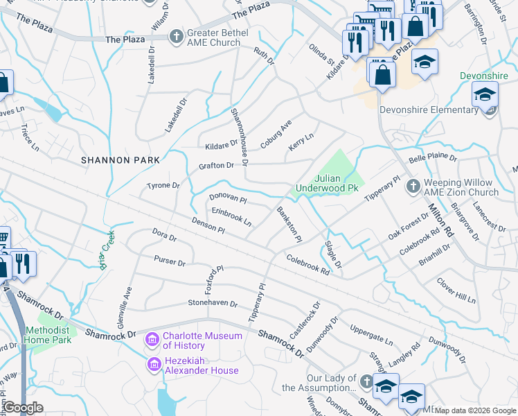 map of restaurants, bars, coffee shops, grocery stores, and more near 3519 Donovan Place in Charlotte