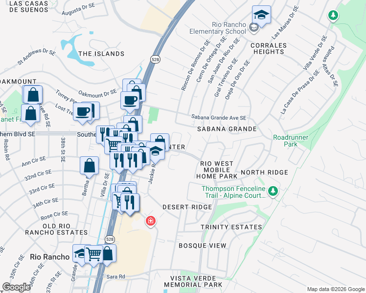 map of restaurants, bars, coffee shops, grocery stores, and more near 1011 Meadowlark Court Southeast in Rio Rancho