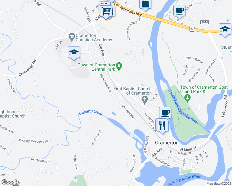 map of restaurants, bars, coffee shops, grocery stores, and more near 295 13th Street in Cramerton