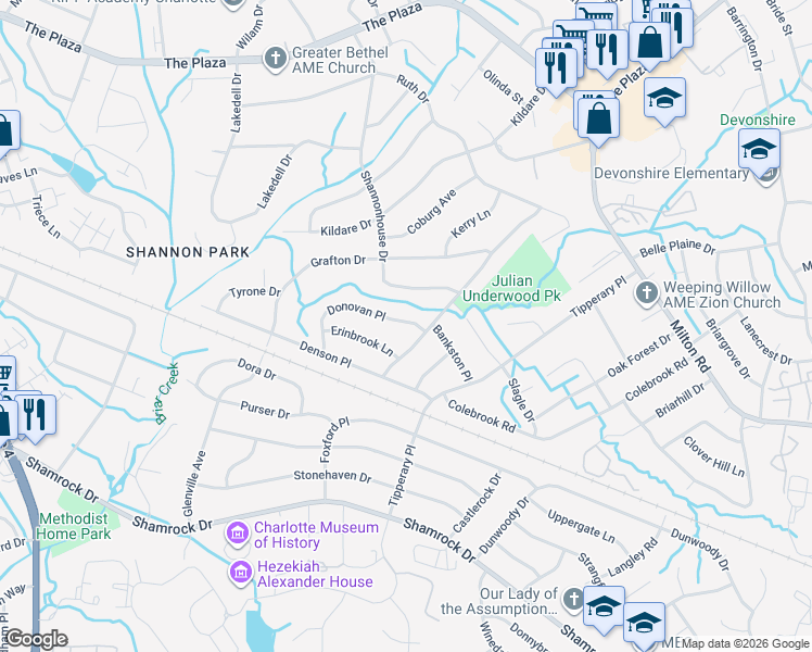 map of restaurants, bars, coffee shops, grocery stores, and more near 3519 Donovan Place in Charlotte