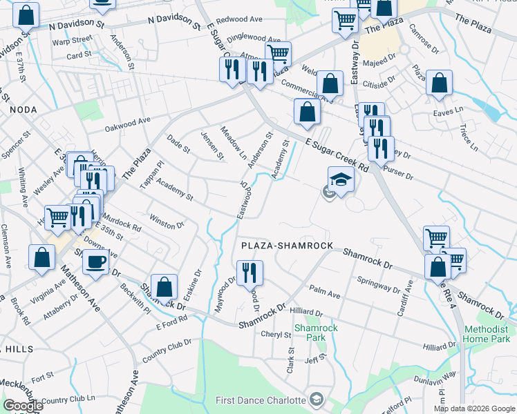 map of restaurants, bars, coffee shops, grocery stores, and more near 1807 Academy Street in Charlotte