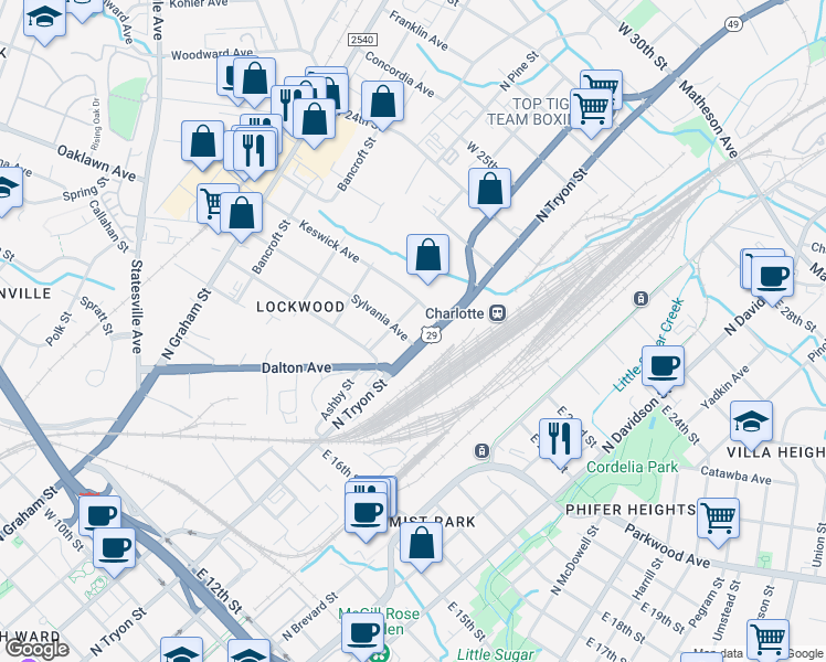 map of restaurants, bars, coffee shops, grocery stores, and more near 116 West 23rd Street in Charlotte