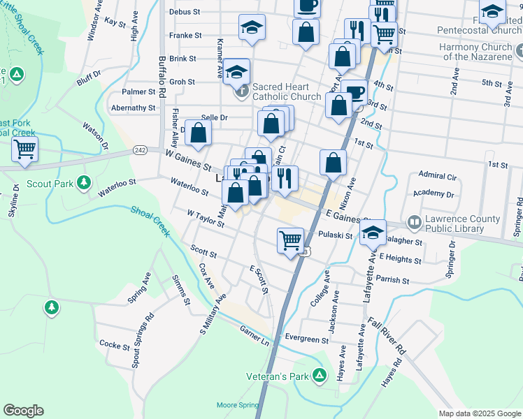 map of restaurants, bars, coffee shops, grocery stores, and more near 8 Public Square in Lawrenceburg