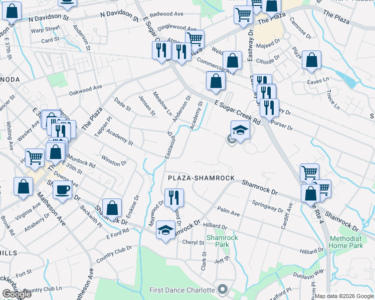 map of restaurants, bars, coffee shops, grocery stores, and more near 1807 Academy Street in Charlotte