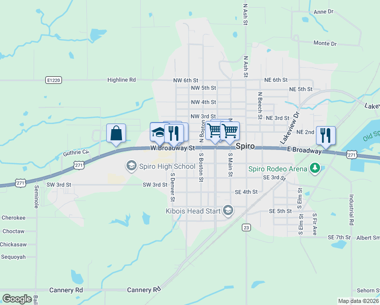 map of restaurants, bars, coffee shops, grocery stores, and more near 316 West Broadway Street in Spiro