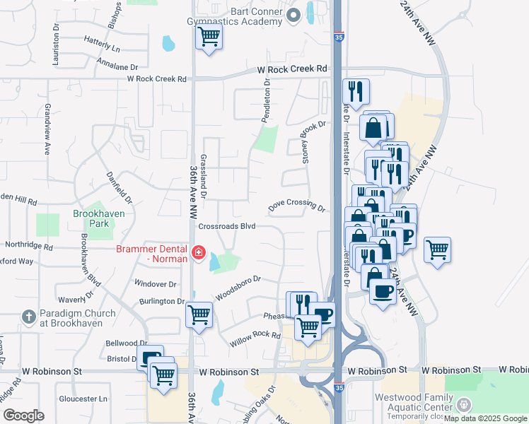 map of restaurants, bars, coffee shops, grocery stores, and more near 3233 Dove Crossing Drive in Norman