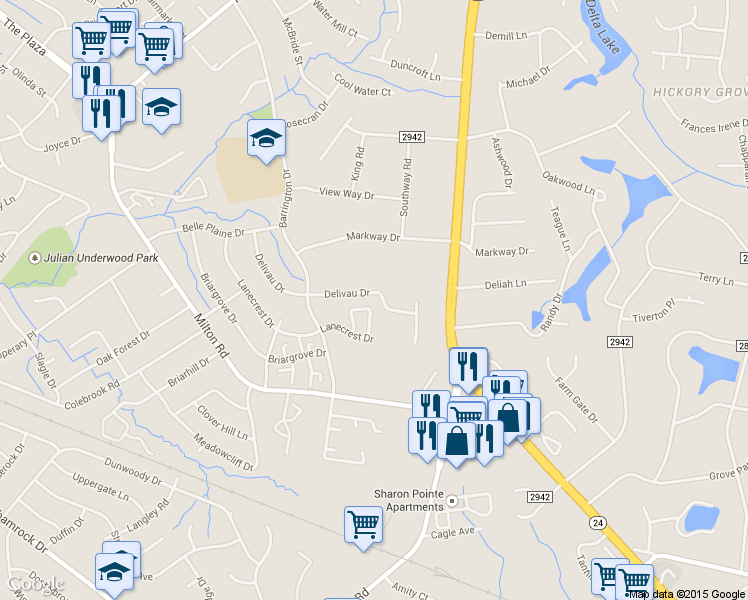 map of restaurants, bars, coffee shops, grocery stores, and more near 5126 Delivau Drive in Charlotte