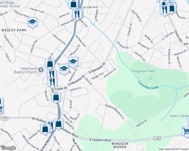 map of restaurants, bars, coffee shops, grocery stores, and more near 1501 Seigle Avenue in Gastonia