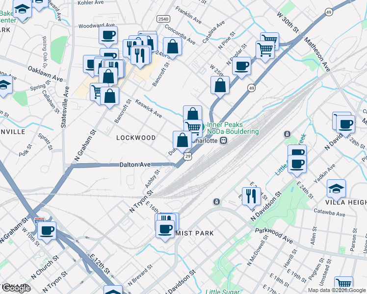 map of restaurants, bars, coffee shops, grocery stores, and more near in Charlotte