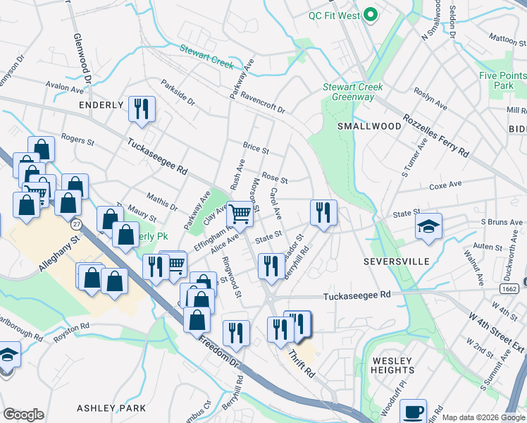 map of restaurants, bars, coffee shops, grocery stores, and more near in Charlotte