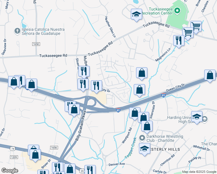 map of restaurants, bars, coffee shops, grocery stores, and more near 3127 Forestbrook Drive in Charlotte