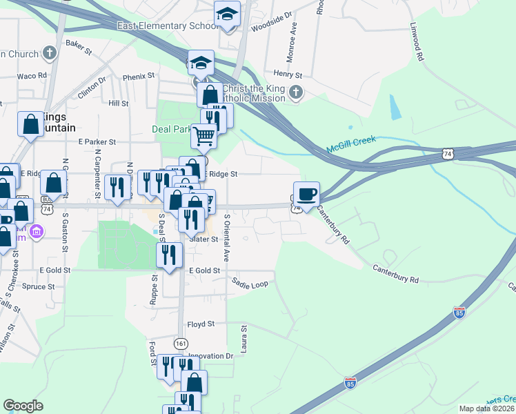 map of restaurants, bars, coffee shops, grocery stores, and more near 110 Cambridge Oaks Circle in Kings Mountain