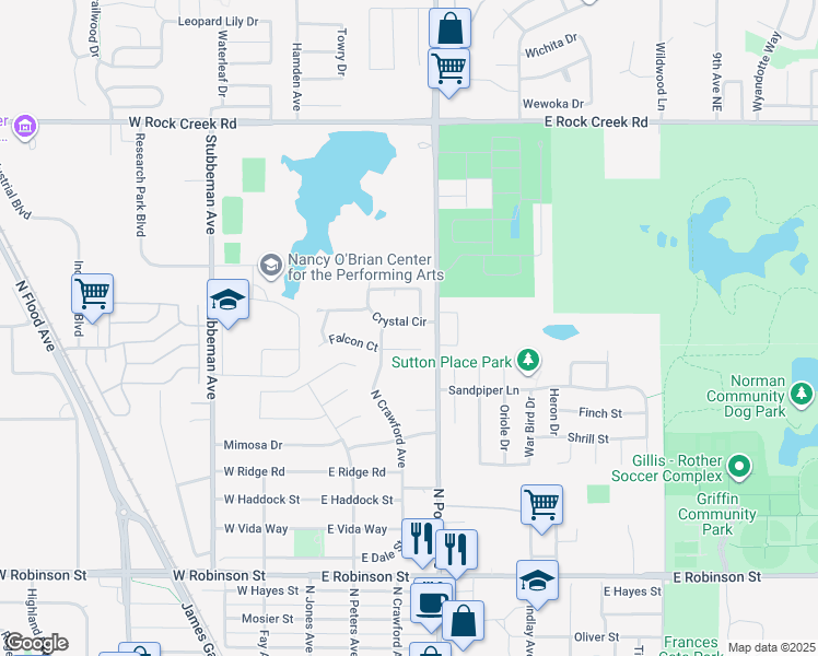 map of restaurants, bars, coffee shops, grocery stores, and more near 127 Crystal Circle in Norman