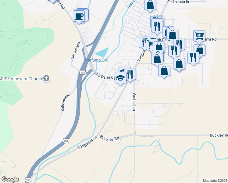 map of restaurants, bars, coffee shops, grocery stores, and more near 14 Vista Lane in San Luis Obispo
