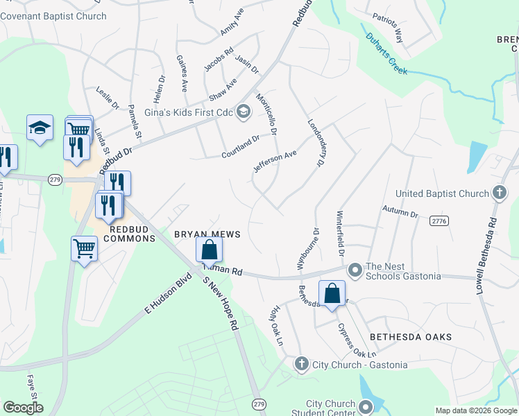 map of restaurants, bars, coffee shops, grocery stores, and more near 2410 Monticello Drive in Gastonia