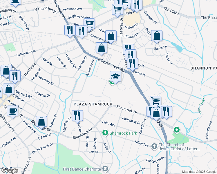 map of restaurants, bars, coffee shops, grocery stores, and more near 1100 Eastway Drive in Charlotte