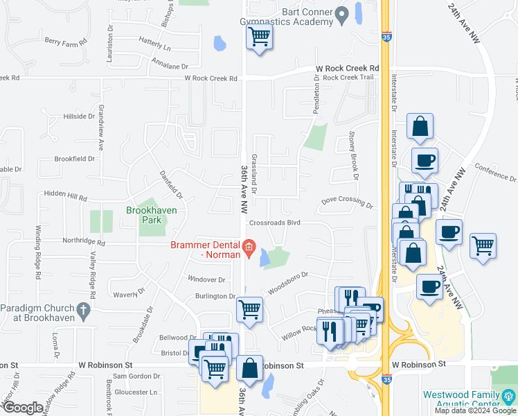 map of restaurants, bars, coffee shops, grocery stores, and more near 1805 Grassland Circle in Norman