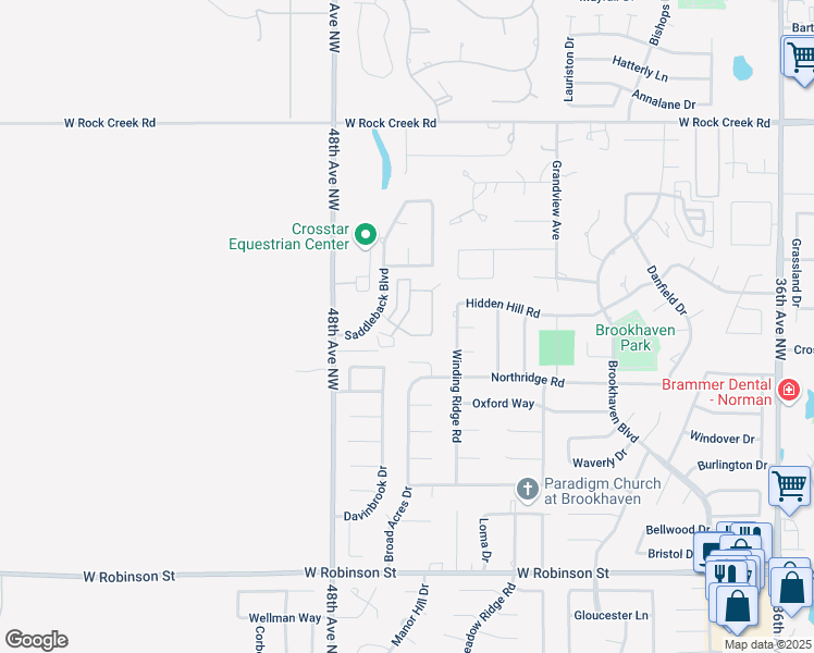map of restaurants, bars, coffee shops, grocery stores, and more near 4541 Steeplechase Drive in Norman