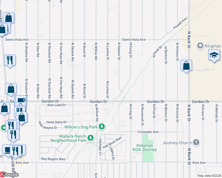 map of restaurants, bars, coffee shops, grocery stores, and more near 4040 North Lomita Street in Kingman