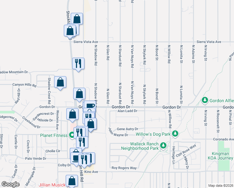 map of restaurants, bars, coffee shops, grocery stores, and more near 4040 N Stardust Rd in Kingman