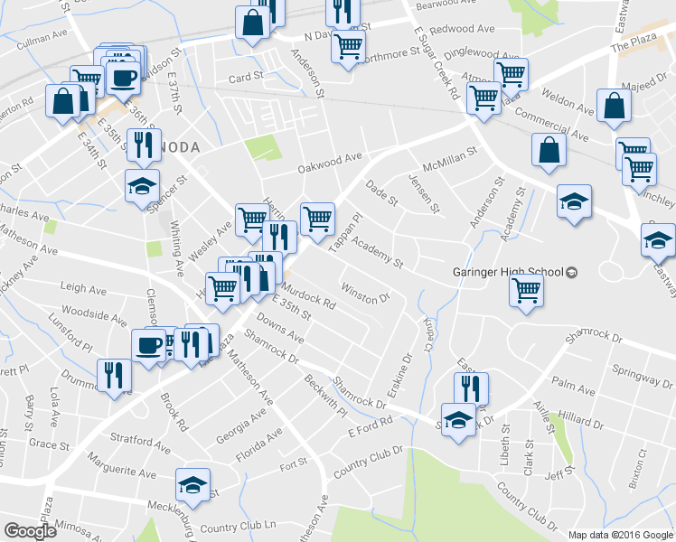 map of restaurants, bars, coffee shops, grocery stores, and more near 1408 Winston Drive in Charlotte