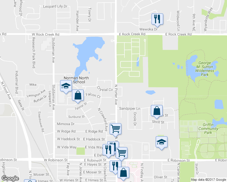 map of restaurants, bars, coffee shops, grocery stores, and more near 102 Crystal Circle in Norman