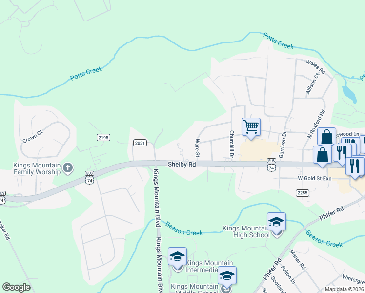 map of restaurants, bars, coffee shops, grocery stores, and more near 1608 Shelby Road in Kings Mountain