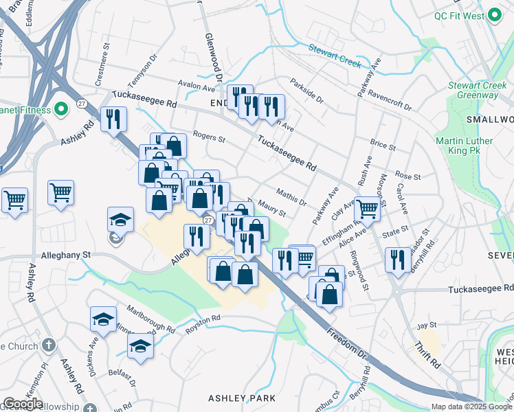 map of restaurants, bars, coffee shops, grocery stores, and more near 3157 Maury Street in Charlotte