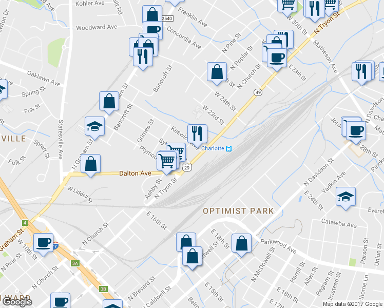 map of restaurants, bars, coffee shops, grocery stores, and more near 116 West 23rd Street in Charlotte