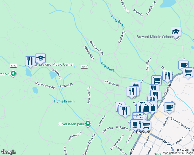 map of restaurants, bars, coffee shops, grocery stores, and more near 23 Burrell Mountain Road in Brevard