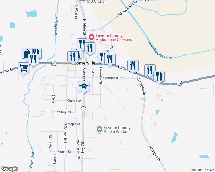 map of restaurants, bars, coffee shops, grocery stores, and more near 308 Old Jernigan Road in Somerville