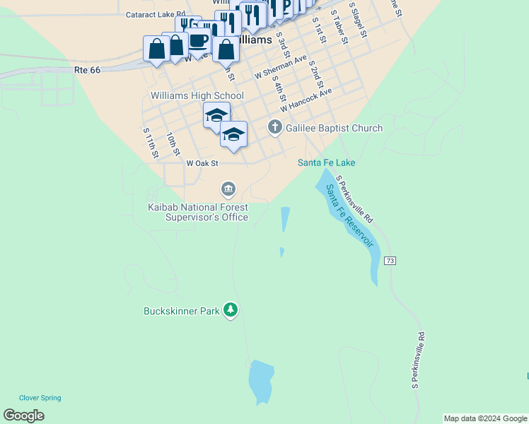 map of restaurants, bars, coffee shops, grocery stores, and more near 6th Place in Williams