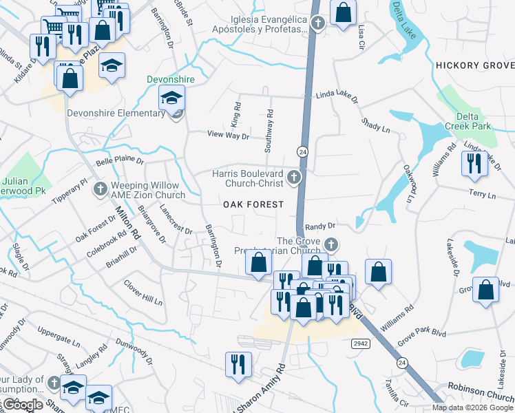 map of restaurants, bars, coffee shops, grocery stores, and more near 5143 Delivau Drive in Charlotte