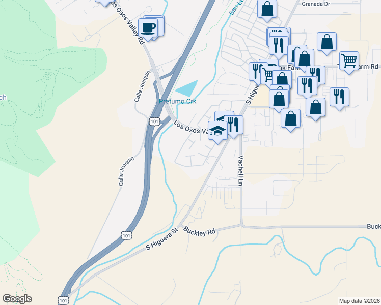 map of restaurants, bars, coffee shops, grocery stores, and more near 94 Encanto Lane in San Luis Obispo