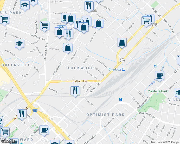 map of restaurants, bars, coffee shops, grocery stores, and more near 300 Plymouth Avenue in Charlotte