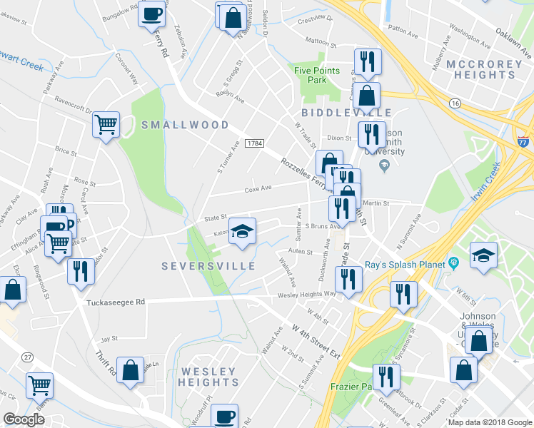 map of restaurants, bars, coffee shops, grocery stores, and more near 317 State Street in Charlotte