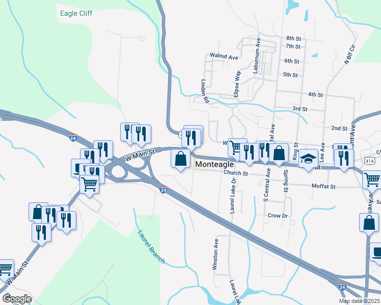map of restaurants, bars, coffee shops, grocery stores, and more near US-64 & US-41 & TN-56 in Monteagle