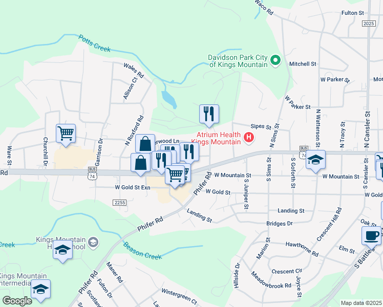 map of restaurants, bars, coffee shops, grocery stores, and more near 906 Sharon Drive in Kings Mountain