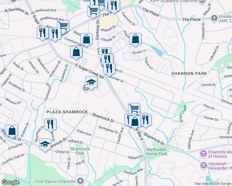 map of restaurants, bars, coffee shops, grocery stores, and more near in Charlotte