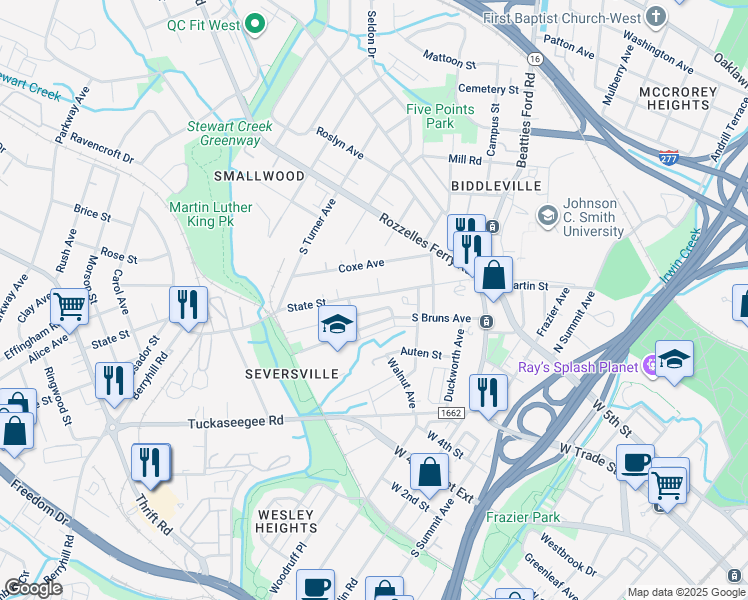 map of restaurants, bars, coffee shops, grocery stores, and more near 317 State Street in Charlotte