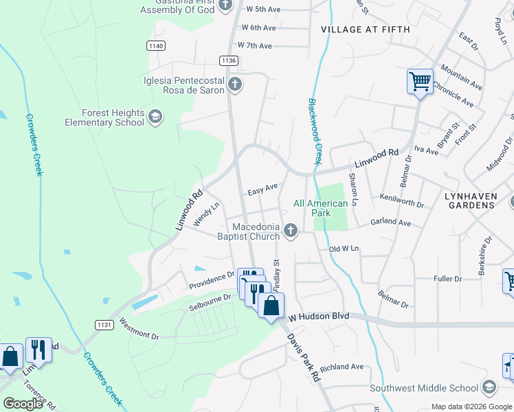 map of restaurants, bars, coffee shops, grocery stores, and more near 2200 Upton Avenue in Gastonia